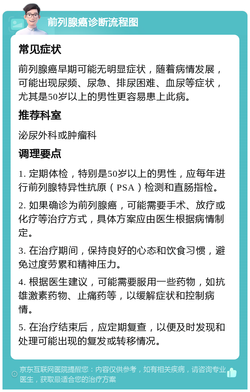 前列腺癌诊断流程图 常见症状 前列腺癌早期可能无明显症状，随着病情发展，可能出现尿频、尿急、排尿困难、血尿等症状，尤其是50岁以上的男性更容易患上此病。 推荐科室 泌尿外科或肿瘤科 调理要点 1. 定期体检，特别是50岁以上的男性，应每年进行前列腺特异性抗原（PSA）检测和直肠指检。 2. 如果确诊为前列腺癌，可能需要手术、放疗或化疗等治疗方式，具体方案应由医生根据病情制定。 3. 在治疗期间，保持良好的心态和饮食习惯，避免过度劳累和精神压力。 4. 根据医生建议，可能需要服用一些药物，如抗雄激素药物、止痛药等，以缓解症状和控制病情。 5. 在治疗结束后，应定期复查，以便及时发现和处理可能出现的复发或转移情况。