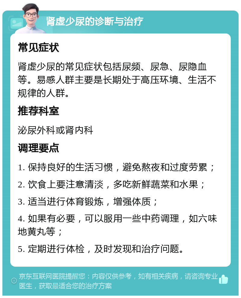 肾虚少尿的诊断与治疗 常见症状 肾虚少尿的常见症状包括尿频、尿急、尿隐血等。易感人群主要是长期处于高压环境、生活不规律的人群。 推荐科室 泌尿外科或肾内科 调理要点 1. 保持良好的生活习惯，避免熬夜和过度劳累； 2. 饮食上要注意清淡，多吃新鲜蔬菜和水果； 3. 适当进行体育锻炼，增强体质； 4. 如果有必要，可以服用一些中药调理，如六味地黄丸等； 5. 定期进行体检，及时发现和治疗问题。