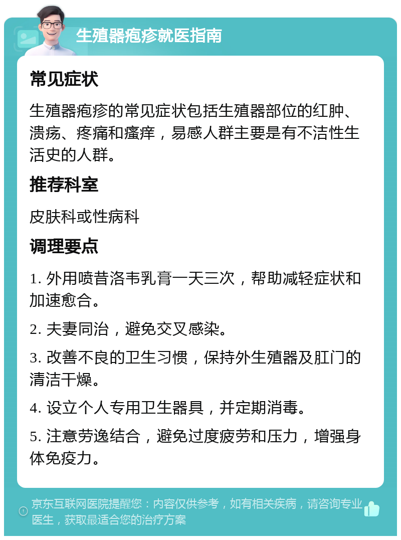 生殖器疱疹就医指南 常见症状 生殖器疱疹的常见症状包括生殖器部位的红肿、溃疡、疼痛和瘙痒，易感人群主要是有不洁性生活史的人群。 推荐科室 皮肤科或性病科 调理要点 1. 外用喷昔洛韦乳膏一天三次，帮助减轻症状和加速愈合。 2. 夫妻同治，避免交叉感染。 3. 改善不良的卫生习惯，保持外生殖器及肛门的清洁干燥。 4. 设立个人专用卫生器具，并定期消毒。 5. 注意劳逸结合，避免过度疲劳和压力，增强身体免疫力。