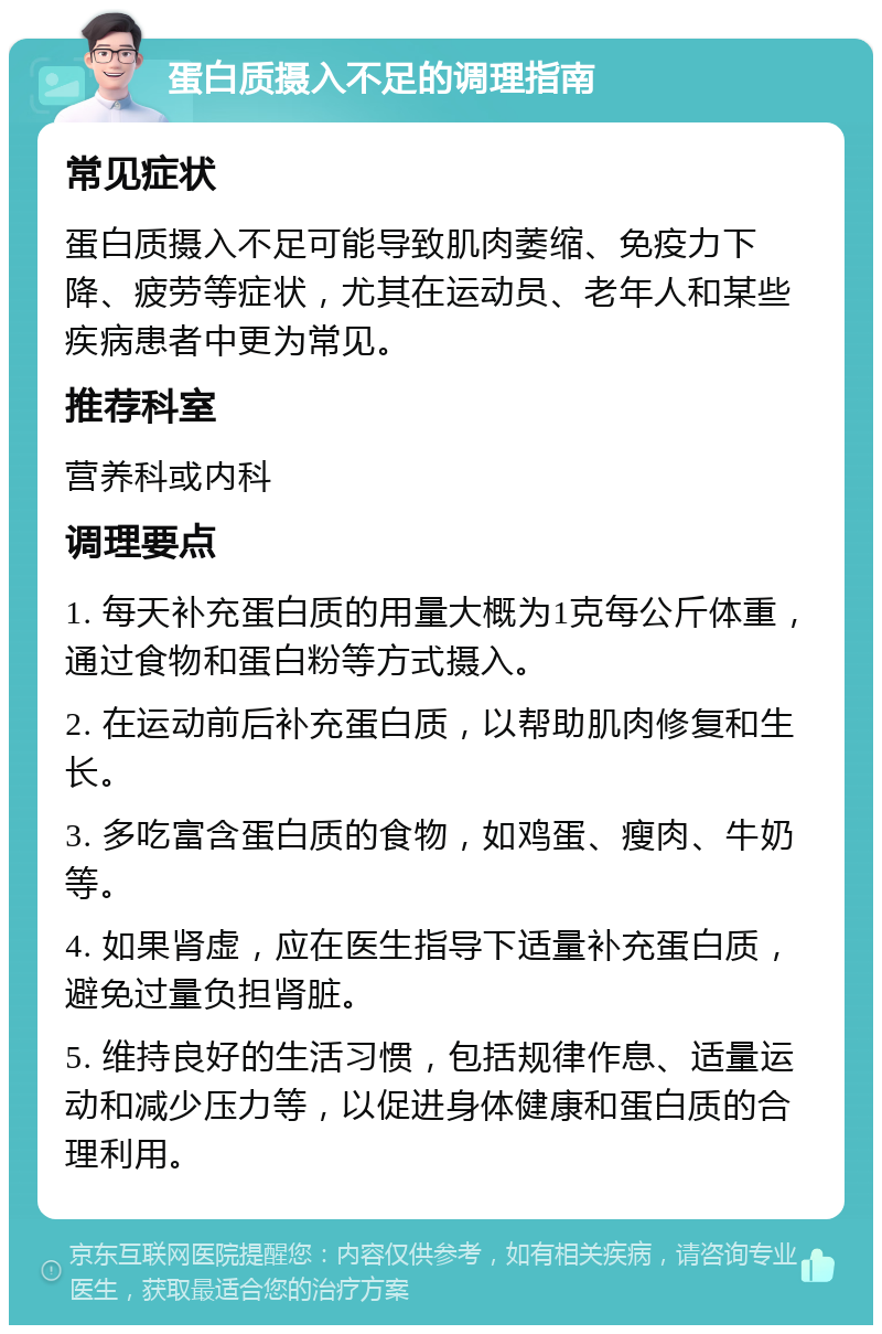 蛋白质摄入不足的调理指南 常见症状 蛋白质摄入不足可能导致肌肉萎缩、免疫力下降、疲劳等症状，尤其在运动员、老年人和某些疾病患者中更为常见。 推荐科室 营养科或内科 调理要点 1. 每天补充蛋白质的用量大概为1克每公斤体重，通过食物和蛋白粉等方式摄入。 2. 在运动前后补充蛋白质，以帮助肌肉修复和生长。 3. 多吃富含蛋白质的食物，如鸡蛋、瘦肉、牛奶等。 4. 如果肾虚，应在医生指导下适量补充蛋白质，避免过量负担肾脏。 5. 维持良好的生活习惯，包括规律作息、适量运动和减少压力等，以促进身体健康和蛋白质的合理利用。