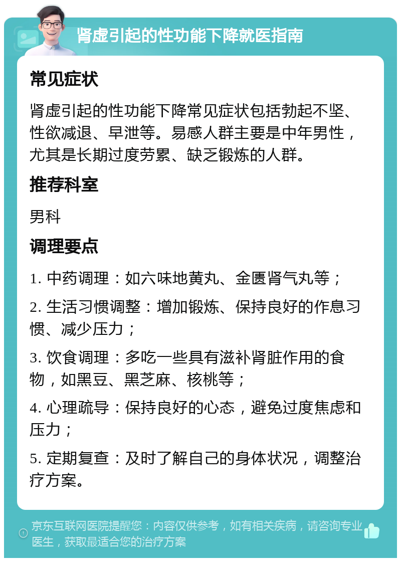 肾虚引起的性功能下降就医指南 常见症状 肾虚引起的性功能下降常见症状包括勃起不坚、性欲减退、早泄等。易感人群主要是中年男性，尤其是长期过度劳累、缺乏锻炼的人群。 推荐科室 男科 调理要点 1. 中药调理：如六味地黄丸、金匮肾气丸等； 2. 生活习惯调整：增加锻炼、保持良好的作息习惯、减少压力； 3. 饮食调理：多吃一些具有滋补肾脏作用的食物，如黑豆、黑芝麻、核桃等； 4. 心理疏导：保持良好的心态，避免过度焦虑和压力； 5. 定期复查：及时了解自己的身体状况，调整治疗方案。