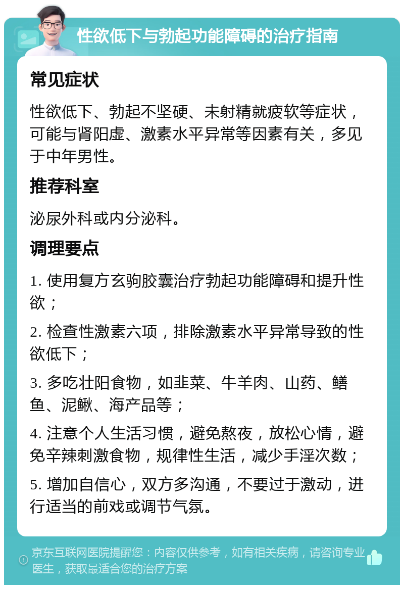 性欲低下与勃起功能障碍的治疗指南 常见症状 性欲低下、勃起不坚硬、未射精就疲软等症状，可能与肾阳虚、激素水平异常等因素有关，多见于中年男性。 推荐科室 泌尿外科或内分泌科。 调理要点 1. 使用复方玄驹胶囊治疗勃起功能障碍和提升性欲； 2. 检查性激素六项，排除激素水平异常导致的性欲低下； 3. 多吃壮阳食物，如韭菜、牛羊肉、山药、鳝鱼、泥鳅、海产品等； 4. 注意个人生活习惯，避免熬夜，放松心情，避免辛辣刺激食物，规律性生活，减少手淫次数； 5. 增加自信心，双方多沟通，不要过于激动，进行适当的前戏或调节气氛。