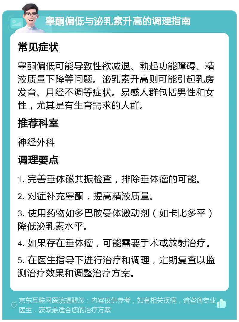 睾酮偏低与泌乳素升高的调理指南 常见症状 睾酮偏低可能导致性欲减退、勃起功能障碍、精液质量下降等问题。泌乳素升高则可能引起乳房发育、月经不调等症状。易感人群包括男性和女性，尤其是有生育需求的人群。 推荐科室 神经外科 调理要点 1. 完善垂体磁共振检查，排除垂体瘤的可能。 2. 对症补充睾酮，提高精液质量。 3. 使用药物如多巴胺受体激动剂（如卡比多平）降低泌乳素水平。 4. 如果存在垂体瘤，可能需要手术或放射治疗。 5. 在医生指导下进行治疗和调理，定期复查以监测治疗效果和调整治疗方案。