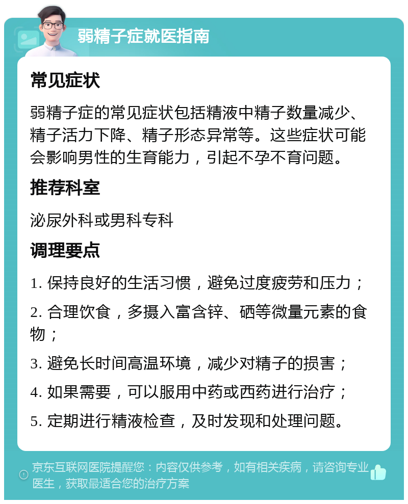 弱精子症就医指南 常见症状 弱精子症的常见症状包括精液中精子数量减少、精子活力下降、精子形态异常等。这些症状可能会影响男性的生育能力，引起不孕不育问题。 推荐科室 泌尿外科或男科专科 调理要点 1. 保持良好的生活习惯，避免过度疲劳和压力； 2. 合理饮食，多摄入富含锌、硒等微量元素的食物； 3. 避免长时间高温环境，减少对精子的损害； 4. 如果需要，可以服用中药或西药进行治疗； 5. 定期进行精液检查，及时发现和处理问题。