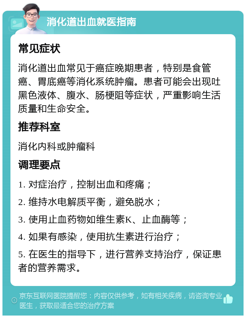 消化道出血就医指南 常见症状 消化道出血常见于癌症晚期患者，特别是食管癌、胃底癌等消化系统肿瘤。患者可能会出现吐黑色液体、腹水、肠梗阻等症状，严重影响生活质量和生命安全。 推荐科室 消化内科或肿瘤科 调理要点 1. 对症治疗，控制出血和疼痛； 2. 维持水电解质平衡，避免脱水； 3. 使用止血药物如维生素K、止血酶等； 4. 如果有感染，使用抗生素进行治疗； 5. 在医生的指导下，进行营养支持治疗，保证患者的营养需求。