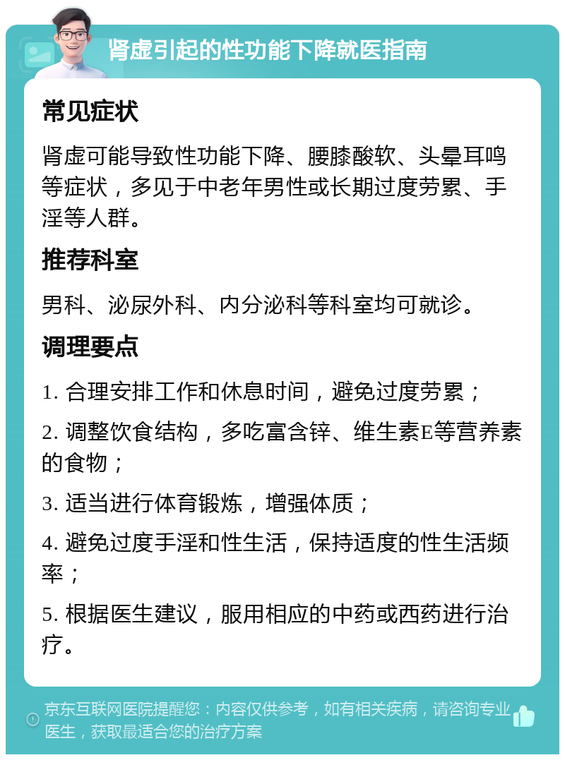 肾虚引起的性功能下降就医指南 常见症状 肾虚可能导致性功能下降、腰膝酸软、头晕耳鸣等症状，多见于中老年男性或长期过度劳累、手淫等人群。 推荐科室 男科、泌尿外科、内分泌科等科室均可就诊。 调理要点 1. 合理安排工作和休息时间，避免过度劳累； 2. 调整饮食结构，多吃富含锌、维生素E等营养素的食物； 3. 适当进行体育锻炼，增强体质； 4. 避免过度手淫和性生活，保持适度的性生活频率； 5. 根据医生建议，服用相应的中药或西药进行治疗。