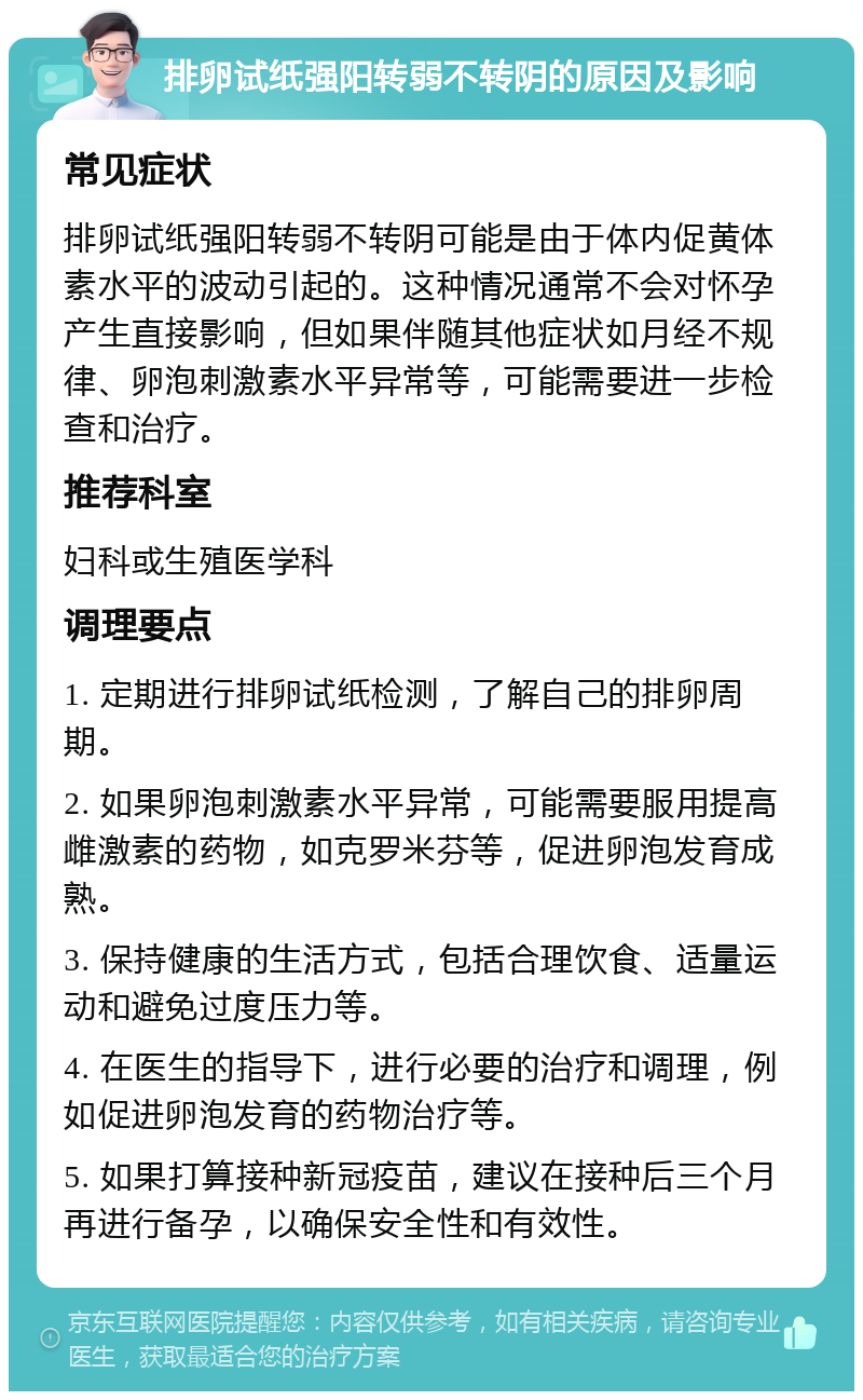 排卵试纸强阳转弱不转阴的原因及影响 常见症状 排卵试纸强阳转弱不转阴可能是由于体内促黄体素水平的波动引起的。这种情况通常不会对怀孕产生直接影响，但如果伴随其他症状如月经不规律、卵泡刺激素水平异常等，可能需要进一步检查和治疗。 推荐科室 妇科或生殖医学科 调理要点 1. 定期进行排卵试纸检测，了解自己的排卵周期。 2. 如果卵泡刺激素水平异常，可能需要服用提高雌激素的药物，如克罗米芬等，促进卵泡发育成熟。 3. 保持健康的生活方式，包括合理饮食、适量运动和避免过度压力等。 4. 在医生的指导下，进行必要的治疗和调理，例如促进卵泡发育的药物治疗等。 5. 如果打算接种新冠疫苗，建议在接种后三个月再进行备孕，以确保安全性和有效性。