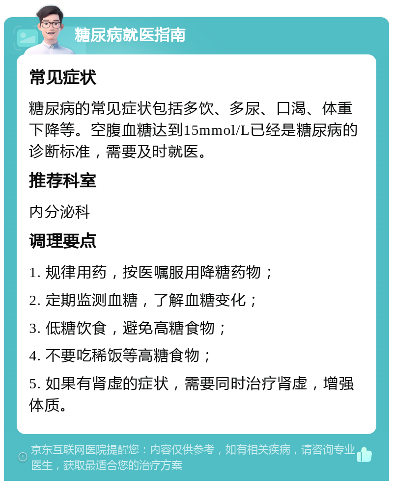 糖尿病就医指南 常见症状 糖尿病的常见症状包括多饮、多尿、口渴、体重下降等。空腹血糖达到15mmol/L已经是糖尿病的诊断标准，需要及时就医。 推荐科室 内分泌科 调理要点 1. 规律用药，按医嘱服用降糖药物； 2. 定期监测血糖，了解血糖变化； 3. 低糖饮食，避免高糖食物； 4. 不要吃稀饭等高糖食物； 5. 如果有肾虚的症状，需要同时治疗肾虚，增强体质。