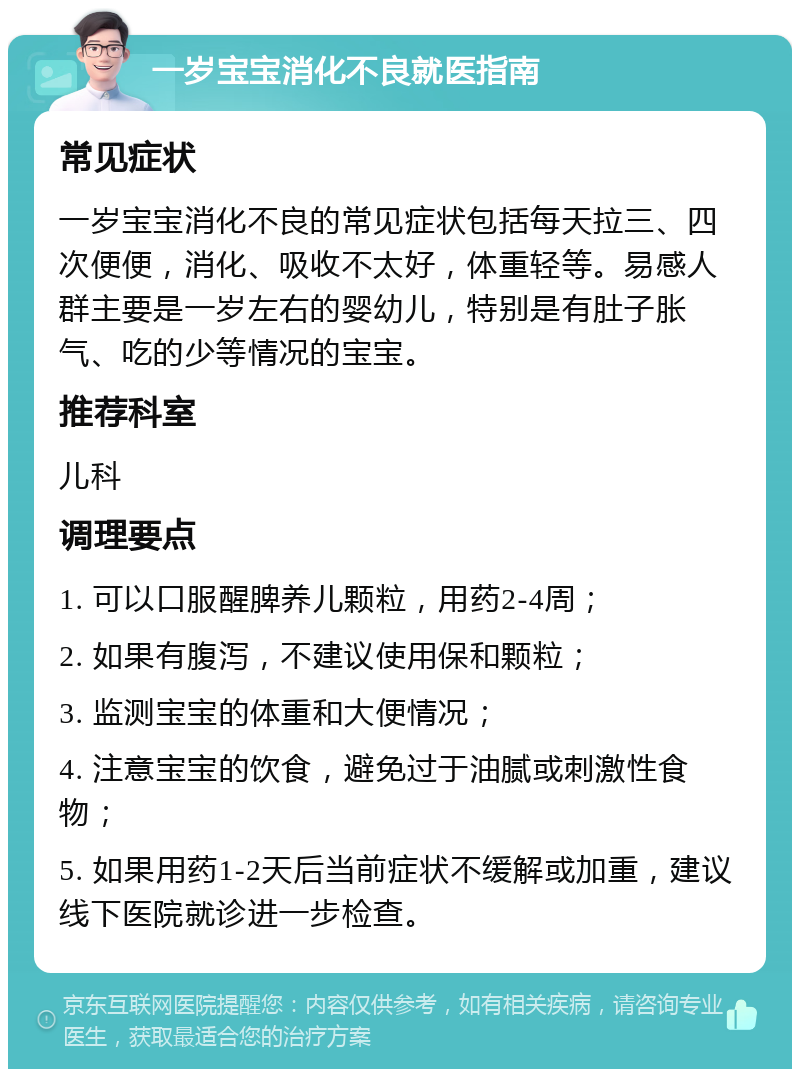 一岁宝宝消化不良就医指南 常见症状 一岁宝宝消化不良的常见症状包括每天拉三、四次便便，消化、吸收不太好，体重轻等。易感人群主要是一岁左右的婴幼儿，特别是有肚子胀气、吃的少等情况的宝宝。 推荐科室 儿科 调理要点 1. 可以口服醒脾养儿颗粒，用药2-4周； 2. 如果有腹泻，不建议使用保和颗粒； 3. 监测宝宝的体重和大便情况； 4. 注意宝宝的饮食，避免过于油腻或刺激性食物； 5. 如果用药1-2天后当前症状不缓解或加重，建议线下医院就诊进一步检查。