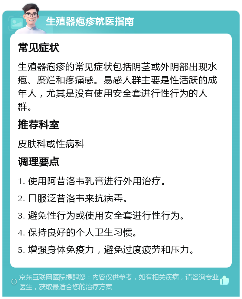 生殖器疱疹就医指南 常见症状 生殖器疱疹的常见症状包括阴茎或外阴部出现水疱、糜烂和疼痛感。易感人群主要是性活跃的成年人，尤其是没有使用安全套进行性行为的人群。 推荐科室 皮肤科或性病科 调理要点 1. 使用阿昔洛韦乳膏进行外用治疗。 2. 口服泛昔洛韦来抗病毒。 3. 避免性行为或使用安全套进行性行为。 4. 保持良好的个人卫生习惯。 5. 增强身体免疫力，避免过度疲劳和压力。