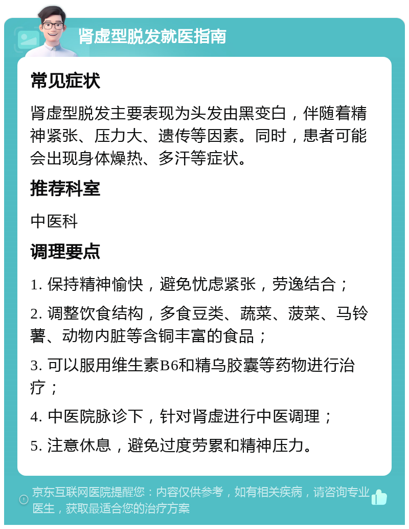 肾虚型脱发就医指南 常见症状 肾虚型脱发主要表现为头发由黑变白，伴随着精神紧张、压力大、遗传等因素。同时，患者可能会出现身体燥热、多汗等症状。 推荐科室 中医科 调理要点 1. 保持精神愉快，避免忧虑紧张，劳逸结合； 2. 调整饮食结构，多食豆类、蔬菜、菠菜、马铃薯、动物内脏等含铜丰富的食品； 3. 可以服用维生素B6和精乌胶囊等药物进行治疗； 4. 中医院脉诊下，针对肾虚进行中医调理； 5. 注意休息，避免过度劳累和精神压力。