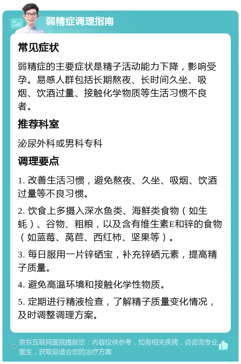 弱精症调理指南 常见症状 弱精症的主要症状是精子活动能力下降，影响受孕。易感人群包括长期熬夜、长时间久坐、吸烟、饮酒过量、接触化学物质等生活习惯不良者。 推荐科室 泌尿外科或男科专科 调理要点 1. 改善生活习惯，避免熬夜、久坐、吸烟、饮酒过量等不良习惯。 2. 饮食上多摄入深水鱼类、海鲜类食物（如生蚝）、谷物、粗粮，以及含有维生素E和锌的食物（如蓝莓、莴苣、西红柿、坚果等）。 3. 每日服用一片锌硒宝，补充锌硒元素，提高精子质量。 4. 避免高温环境和接触化学性物质。 5. 定期进行精液检查，了解精子质量变化情况，及时调整调理方案。