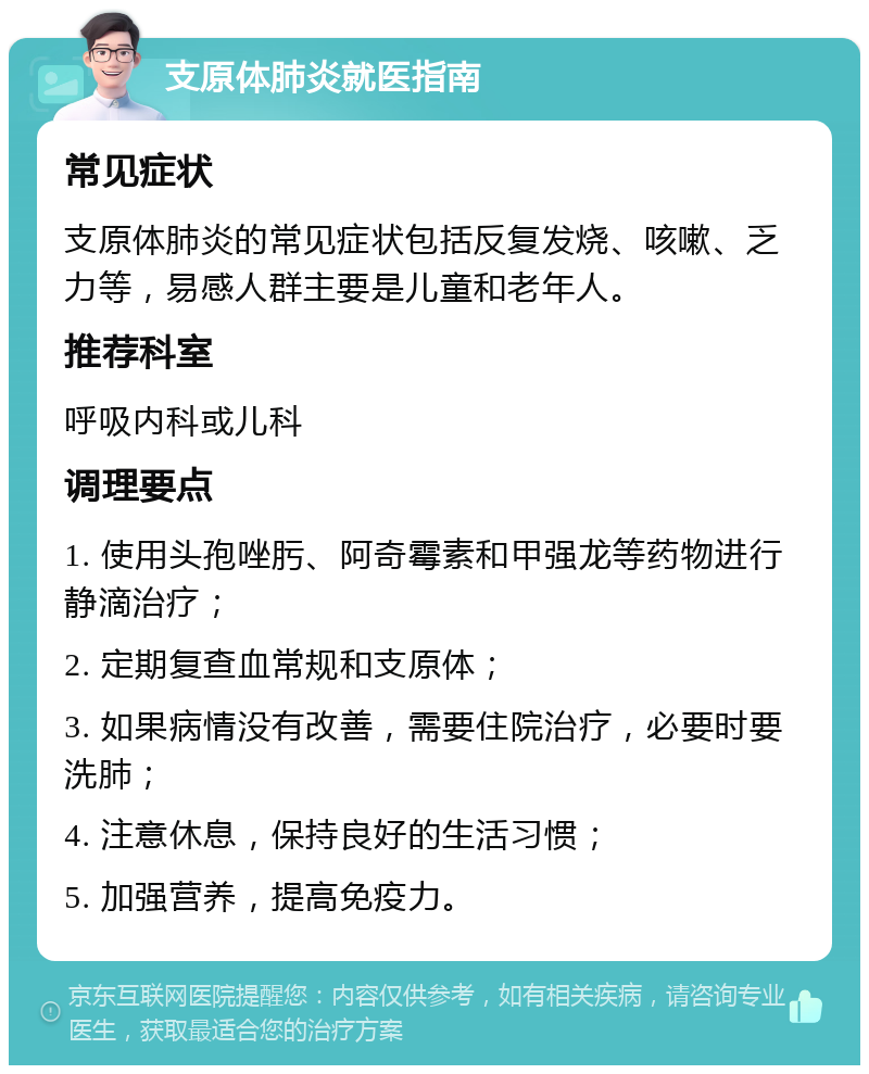 支原体肺炎就医指南 常见症状 支原体肺炎的常见症状包括反复发烧、咳嗽、乏力等，易感人群主要是儿童和老年人。 推荐科室 呼吸内科或儿科 调理要点 1. 使用头孢唑肟、阿奇霉素和甲强龙等药物进行静滴治疗； 2. 定期复查血常规和支原体； 3. 如果病情没有改善，需要住院治疗，必要时要洗肺； 4. 注意休息，保持良好的生活习惯； 5. 加强营养，提高免疫力。