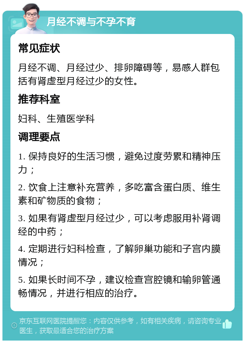 月经不调与不孕不育 常见症状 月经不调、月经过少、排卵障碍等，易感人群包括有肾虚型月经过少的女性。 推荐科室 妇科、生殖医学科 调理要点 1. 保持良好的生活习惯，避免过度劳累和精神压力； 2. 饮食上注意补充营养，多吃富含蛋白质、维生素和矿物质的食物； 3. 如果有肾虚型月经过少，可以考虑服用补肾调经的中药； 4. 定期进行妇科检查，了解卵巢功能和子宫内膜情况； 5. 如果长时间不孕，建议检查宫腔镜和输卵管通畅情况，并进行相应的治疗。