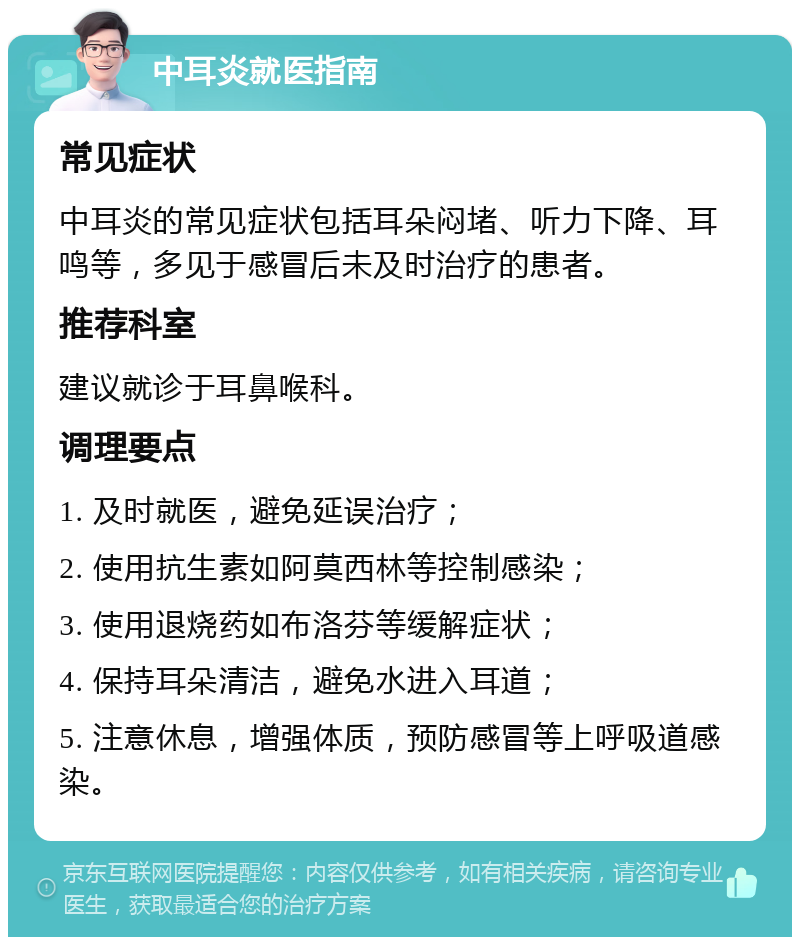 中耳炎就医指南 常见症状 中耳炎的常见症状包括耳朵闷堵、听力下降、耳鸣等，多见于感冒后未及时治疗的患者。 推荐科室 建议就诊于耳鼻喉科。 调理要点 1. 及时就医，避免延误治疗； 2. 使用抗生素如阿莫西林等控制感染； 3. 使用退烧药如布洛芬等缓解症状； 4. 保持耳朵清洁，避免水进入耳道； 5. 注意休息，增强体质，预防感冒等上呼吸道感染。