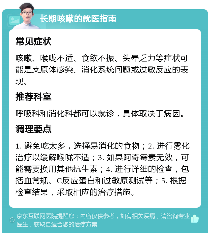 长期咳嗽的就医指南 常见症状 咳嗽、喉咙不适、食欲不振、头晕乏力等症状可能是支原体感染、消化系统问题或过敏反应的表现。 推荐科室 呼吸科和消化科都可以就诊，具体取决于病因。 调理要点 1. 避免吃太多，选择易消化的食物；2. 进行雾化治疗以缓解喉咙不适；3. 如果阿奇霉素无效，可能需要换用其他抗生素；4. 进行详细的检查，包括血常规、C反应蛋白和过敏原测试等；5. 根据检查结果，采取相应的治疗措施。