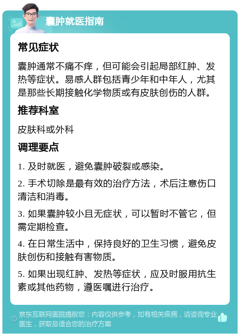 囊肿就医指南 常见症状 囊肿通常不痛不痒，但可能会引起局部红肿、发热等症状。易感人群包括青少年和中年人，尤其是那些长期接触化学物质或有皮肤创伤的人群。 推荐科室 皮肤科或外科 调理要点 1. 及时就医，避免囊肿破裂或感染。 2. 手术切除是最有效的治疗方法，术后注意伤口清洁和消毒。 3. 如果囊肿较小且无症状，可以暂时不管它，但需定期检查。 4. 在日常生活中，保持良好的卫生习惯，避免皮肤创伤和接触有害物质。 5. 如果出现红肿、发热等症状，应及时服用抗生素或其他药物，遵医嘱进行治疗。