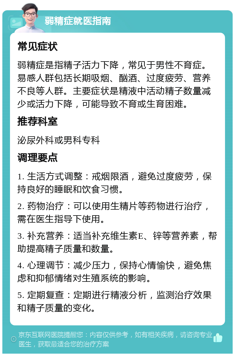 弱精症就医指南 常见症状 弱精症是指精子活力下降，常见于男性不育症。易感人群包括长期吸烟、酗酒、过度疲劳、营养不良等人群。主要症状是精液中活动精子数量减少或活力下降，可能导致不育或生育困难。 推荐科室 泌尿外科或男科专科 调理要点 1. 生活方式调整：戒烟限酒，避免过度疲劳，保持良好的睡眠和饮食习惯。 2. 药物治疗：可以使用生精片等药物进行治疗，需在医生指导下使用。 3. 补充营养：适当补充维生素E、锌等营养素，帮助提高精子质量和数量。 4. 心理调节：减少压力，保持心情愉快，避免焦虑和抑郁情绪对生殖系统的影响。 5. 定期复查：定期进行精液分析，监测治疗效果和精子质量的变化。