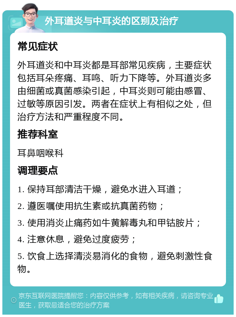 外耳道炎与中耳炎的区别及治疗 常见症状 外耳道炎和中耳炎都是耳部常见疾病，主要症状包括耳朵疼痛、耳鸣、听力下降等。外耳道炎多由细菌或真菌感染引起，中耳炎则可能由感冒、过敏等原因引发。两者在症状上有相似之处，但治疗方法和严重程度不同。 推荐科室 耳鼻咽喉科 调理要点 1. 保持耳部清洁干燥，避免水进入耳道； 2. 遵医嘱使用抗生素或抗真菌药物； 3. 使用消炎止痛药如牛黄解毒丸和甲钴胺片； 4. 注意休息，避免过度疲劳； 5. 饮食上选择清淡易消化的食物，避免刺激性食物。