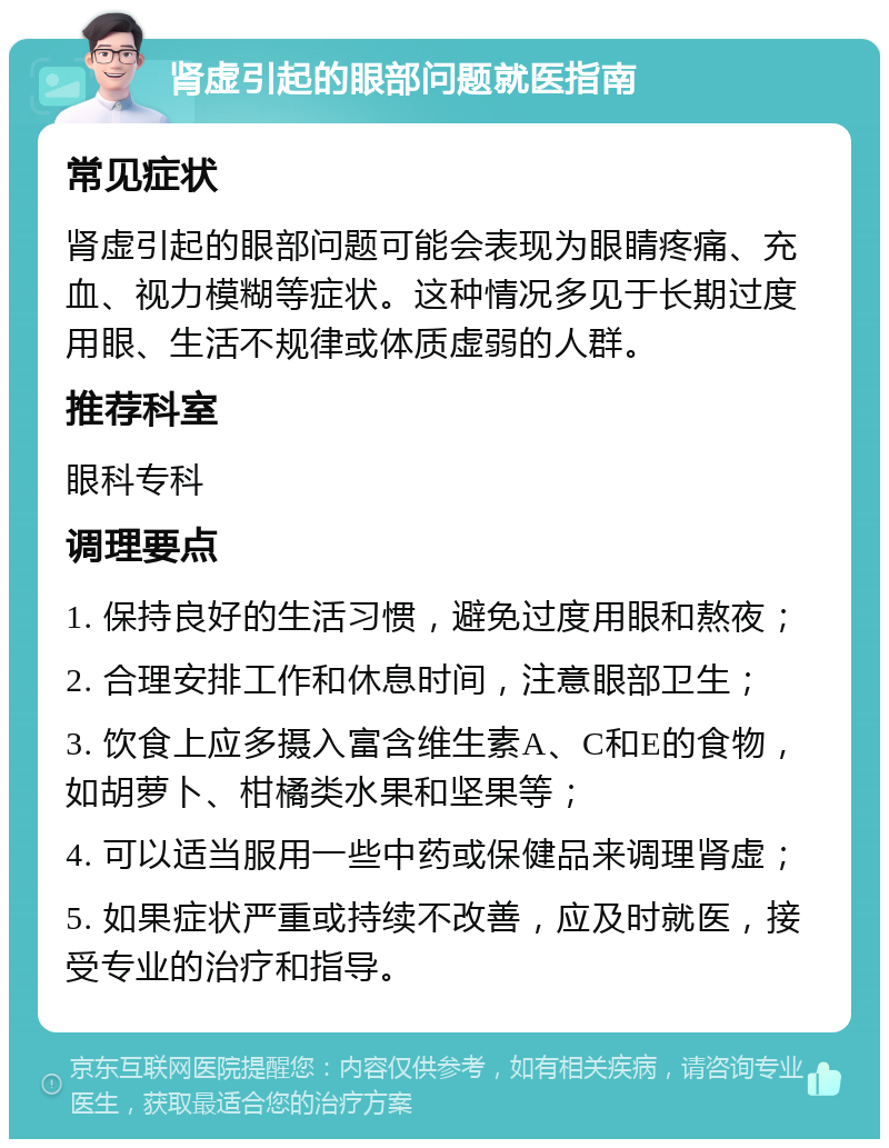 肾虚引起的眼部问题就医指南 常见症状 肾虚引起的眼部问题可能会表现为眼睛疼痛、充血、视力模糊等症状。这种情况多见于长期过度用眼、生活不规律或体质虚弱的人群。 推荐科室 眼科专科 调理要点 1. 保持良好的生活习惯，避免过度用眼和熬夜； 2. 合理安排工作和休息时间，注意眼部卫生； 3. 饮食上应多摄入富含维生素A、C和E的食物，如胡萝卜、柑橘类水果和坚果等； 4. 可以适当服用一些中药或保健品来调理肾虚； 5. 如果症状严重或持续不改善，应及时就医，接受专业的治疗和指导。