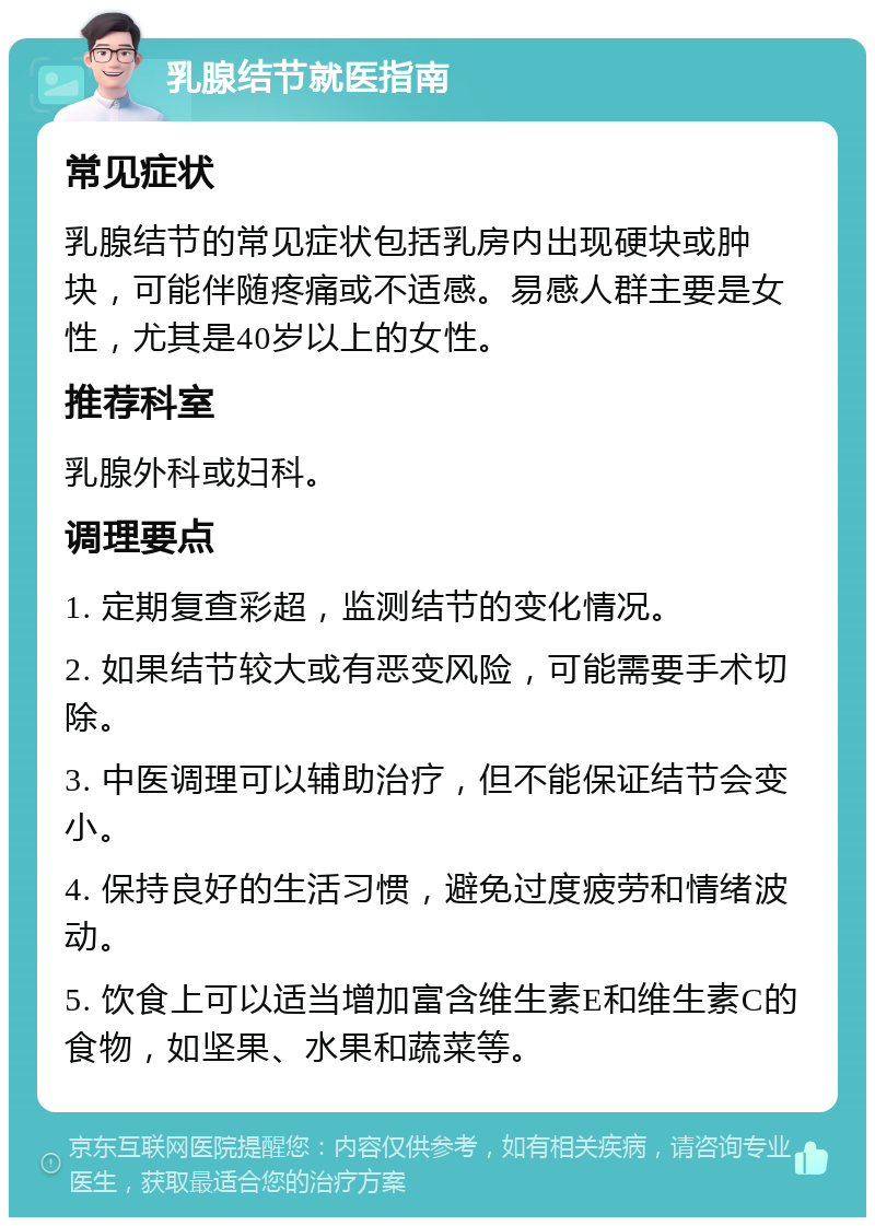 乳腺结节就医指南 常见症状 乳腺结节的常见症状包括乳房内出现硬块或肿块，可能伴随疼痛或不适感。易感人群主要是女性，尤其是40岁以上的女性。 推荐科室 乳腺外科或妇科。 调理要点 1. 定期复查彩超，监测结节的变化情况。 2. 如果结节较大或有恶变风险，可能需要手术切除。 3. 中医调理可以辅助治疗，但不能保证结节会变小。 4. 保持良好的生活习惯，避免过度疲劳和情绪波动。 5. 饮食上可以适当增加富含维生素E和维生素C的食物，如坚果、水果和蔬菜等。