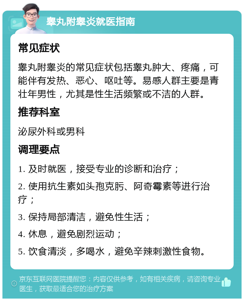 睾丸附睾炎就医指南 常见症状 睾丸附睾炎的常见症状包括睾丸肿大、疼痛，可能伴有发热、恶心、呕吐等。易感人群主要是青壮年男性，尤其是性生活频繁或不洁的人群。 推荐科室 泌尿外科或男科 调理要点 1. 及时就医，接受专业的诊断和治疗； 2. 使用抗生素如头孢克肟、阿奇霉素等进行治疗； 3. 保持局部清洁，避免性生活； 4. 休息，避免剧烈运动； 5. 饮食清淡，多喝水，避免辛辣刺激性食物。