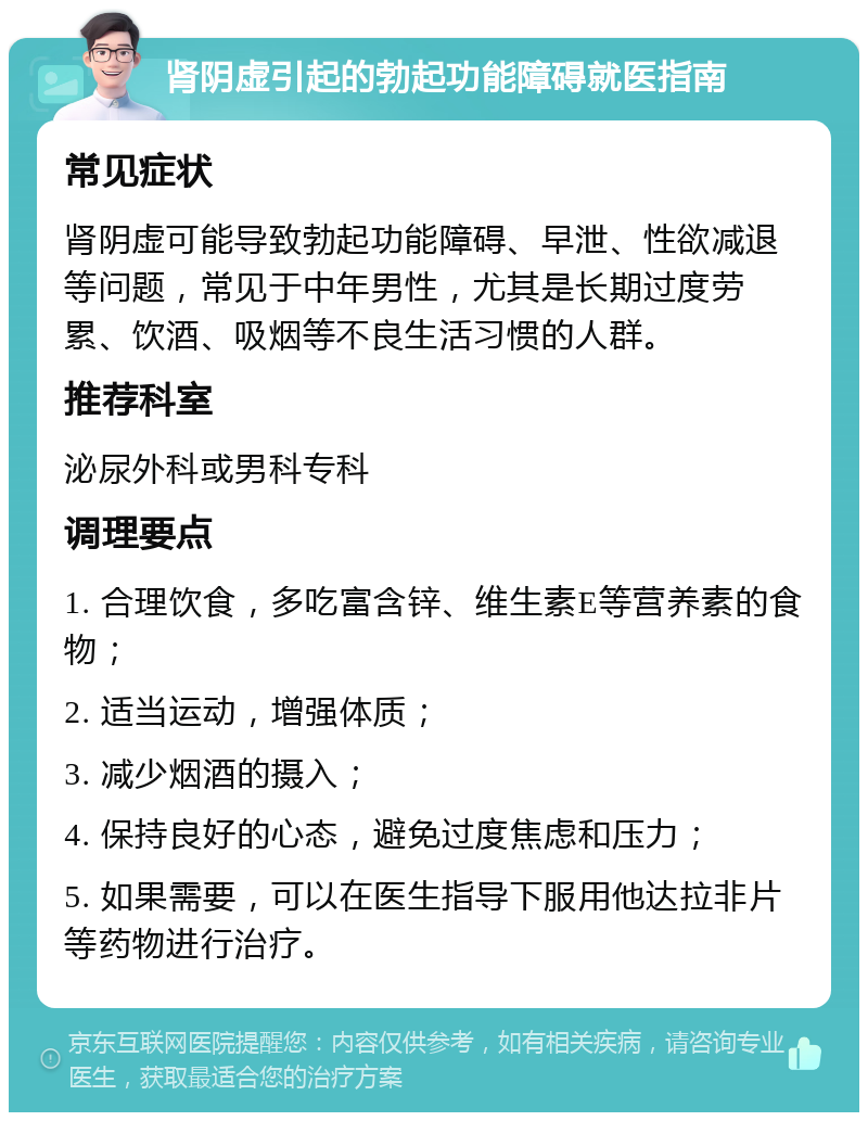 肾阴虚引起的勃起功能障碍就医指南 常见症状 肾阴虚可能导致勃起功能障碍、早泄、性欲减退等问题，常见于中年男性，尤其是长期过度劳累、饮酒、吸烟等不良生活习惯的人群。 推荐科室 泌尿外科或男科专科 调理要点 1. 合理饮食，多吃富含锌、维生素E等营养素的食物； 2. 适当运动，增强体质； 3. 减少烟酒的摄入； 4. 保持良好的心态，避免过度焦虑和压力； 5. 如果需要，可以在医生指导下服用他达拉非片等药物进行治疗。