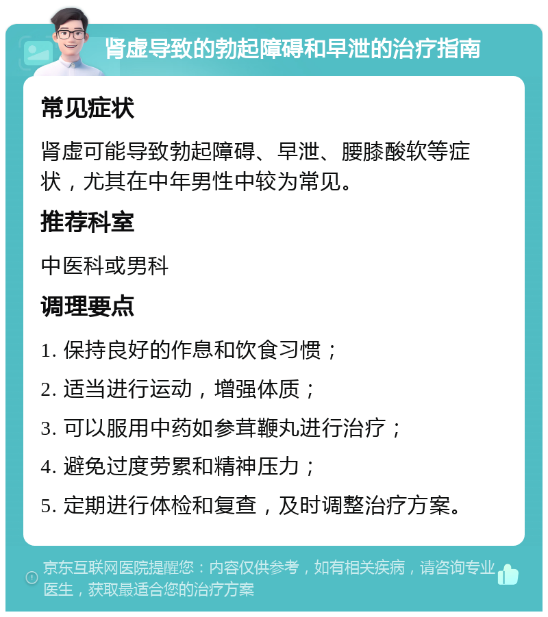 肾虚导致的勃起障碍和早泄的治疗指南 常见症状 肾虚可能导致勃起障碍、早泄、腰膝酸软等症状，尤其在中年男性中较为常见。 推荐科室 中医科或男科 调理要点 1. 保持良好的作息和饮食习惯； 2. 适当进行运动，增强体质； 3. 可以服用中药如参茸鞭丸进行治疗； 4. 避免过度劳累和精神压力； 5. 定期进行体检和复查，及时调整治疗方案。