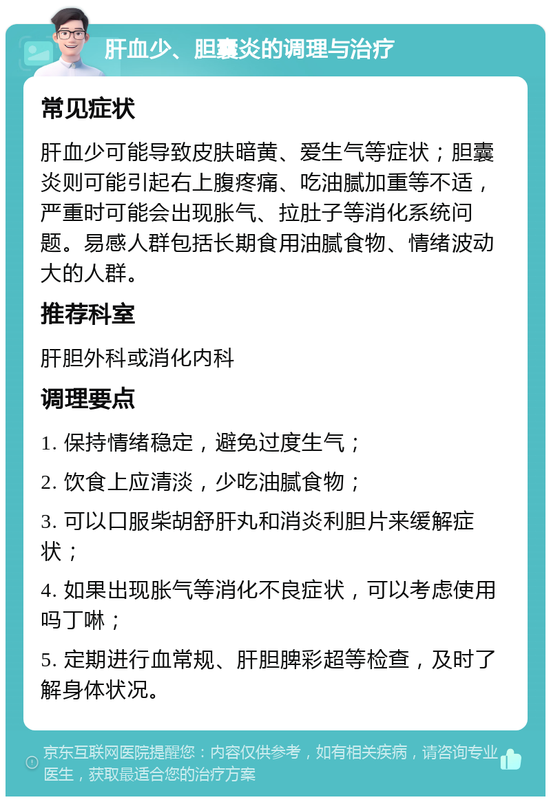 肝血少、胆囊炎的调理与治疗 常见症状 肝血少可能导致皮肤暗黄、爱生气等症状；胆囊炎则可能引起右上腹疼痛、吃油腻加重等不适，严重时可能会出现胀气、拉肚子等消化系统问题。易感人群包括长期食用油腻食物、情绪波动大的人群。 推荐科室 肝胆外科或消化内科 调理要点 1. 保持情绪稳定，避免过度生气； 2. 饮食上应清淡，少吃油腻食物； 3. 可以口服柴胡舒肝丸和消炎利胆片来缓解症状； 4. 如果出现胀气等消化不良症状，可以考虑使用吗丁啉； 5. 定期进行血常规、肝胆脾彩超等检查，及时了解身体状况。