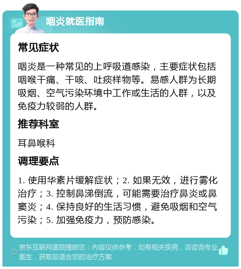 咽炎就医指南 常见症状 咽炎是一种常见的上呼吸道感染，主要症状包括咽喉干痛、干咳、吐痰样物等。易感人群为长期吸烟、空气污染环境中工作或生活的人群，以及免疫力较弱的人群。 推荐科室 耳鼻喉科 调理要点 1. 使用华素片缓解症状；2. 如果无效，进行雾化治疗；3. 控制鼻涕倒流，可能需要治疗鼻炎或鼻窦炎；4. 保持良好的生活习惯，避免吸烟和空气污染；5. 加强免疫力，预防感染。