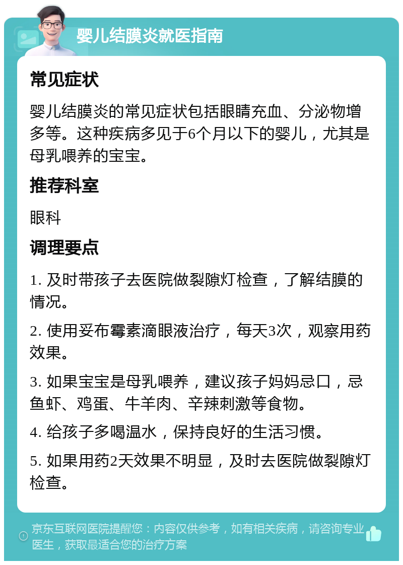 婴儿结膜炎就医指南 常见症状 婴儿结膜炎的常见症状包括眼睛充血、分泌物增多等。这种疾病多见于6个月以下的婴儿，尤其是母乳喂养的宝宝。 推荐科室 眼科 调理要点 1. 及时带孩子去医院做裂隙灯检查，了解结膜的情况。 2. 使用妥布霉素滴眼液治疗，每天3次，观察用药效果。 3. 如果宝宝是母乳喂养，建议孩子妈妈忌口，忌鱼虾、鸡蛋、牛羊肉、辛辣刺激等食物。 4. 给孩子多喝温水，保持良好的生活习惯。 5. 如果用药2天效果不明显，及时去医院做裂隙灯检查。