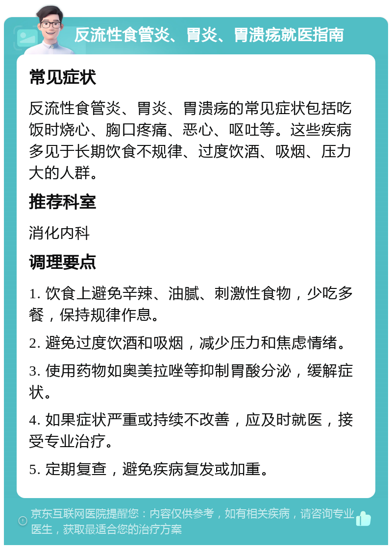 反流性食管炎、胃炎、胃溃疡就医指南 常见症状 反流性食管炎、胃炎、胃溃疡的常见症状包括吃饭时烧心、胸口疼痛、恶心、呕吐等。这些疾病多见于长期饮食不规律、过度饮酒、吸烟、压力大的人群。 推荐科室 消化内科 调理要点 1. 饮食上避免辛辣、油腻、刺激性食物，少吃多餐，保持规律作息。 2. 避免过度饮酒和吸烟，减少压力和焦虑情绪。 3. 使用药物如奥美拉唑等抑制胃酸分泌，缓解症状。 4. 如果症状严重或持续不改善，应及时就医，接受专业治疗。 5. 定期复查，避免疾病复发或加重。