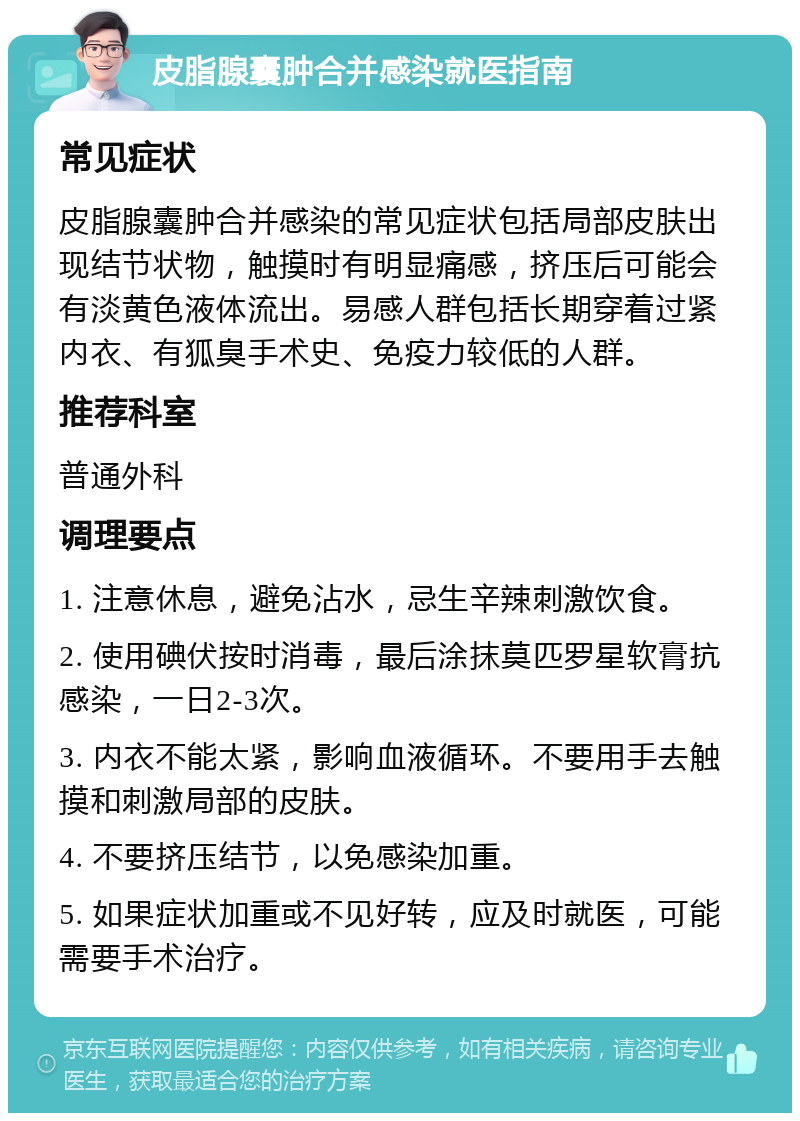 皮脂腺囊肿合并感染就医指南 常见症状 皮脂腺囊肿合并感染的常见症状包括局部皮肤出现结节状物，触摸时有明显痛感，挤压后可能会有淡黄色液体流出。易感人群包括长期穿着过紧内衣、有狐臭手术史、免疫力较低的人群。 推荐科室 普通外科 调理要点 1. 注意休息，避免沾水，忌生辛辣刺激饮食。 2. 使用碘伏按时消毒，最后涂抹莫匹罗星软膏抗感染，一日2-3次。 3. 内衣不能太紧，影响血液循环。不要用手去触摸和刺激局部的皮肤。 4. 不要挤压结节，以免感染加重。 5. 如果症状加重或不见好转，应及时就医，可能需要手术治疗。