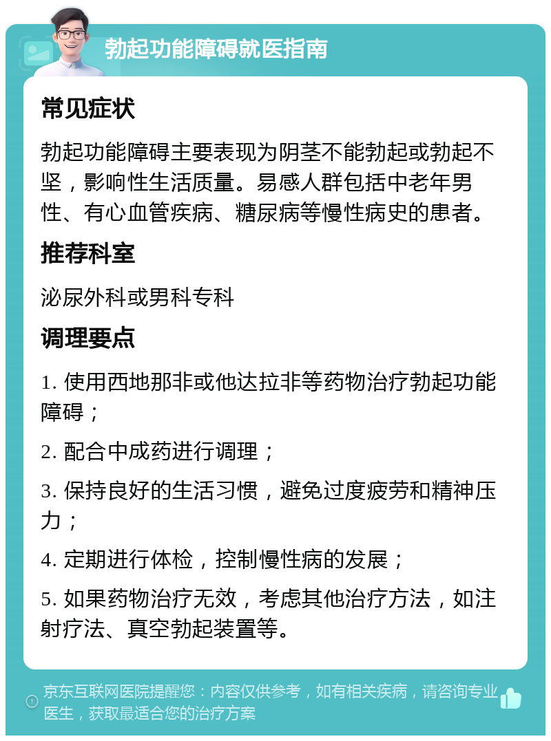 勃起功能障碍就医指南 常见症状 勃起功能障碍主要表现为阴茎不能勃起或勃起不坚，影响性生活质量。易感人群包括中老年男性、有心血管疾病、糖尿病等慢性病史的患者。 推荐科室 泌尿外科或男科专科 调理要点 1. 使用西地那非或他达拉非等药物治疗勃起功能障碍； 2. 配合中成药进行调理； 3. 保持良好的生活习惯，避免过度疲劳和精神压力； 4. 定期进行体检，控制慢性病的发展； 5. 如果药物治疗无效，考虑其他治疗方法，如注射疗法、真空勃起装置等。