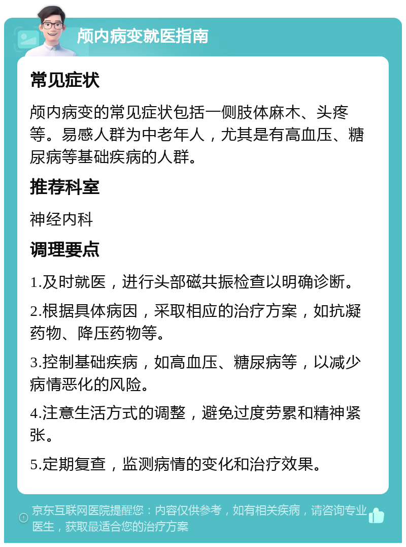 颅内病变就医指南 常见症状 颅内病变的常见症状包括一侧肢体麻木、头疼等。易感人群为中老年人，尤其是有高血压、糖尿病等基础疾病的人群。 推荐科室 神经内科 调理要点 1.及时就医，进行头部磁共振检查以明确诊断。 2.根据具体病因，采取相应的治疗方案，如抗凝药物、降压药物等。 3.控制基础疾病，如高血压、糖尿病等，以减少病情恶化的风险。 4.注意生活方式的调整，避免过度劳累和精神紧张。 5.定期复查，监测病情的变化和治疗效果。