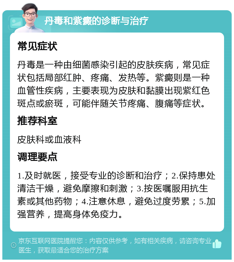 丹毒和紫癜的诊断与治疗 常见症状 丹毒是一种由细菌感染引起的皮肤疾病，常见症状包括局部红肿、疼痛、发热等。紫癜则是一种血管性疾病，主要表现为皮肤和黏膜出现紫红色斑点或瘀斑，可能伴随关节疼痛、腹痛等症状。 推荐科室 皮肤科或血液科 调理要点 1.及时就医，接受专业的诊断和治疗；2.保持患处清洁干燥，避免摩擦和刺激；3.按医嘱服用抗生素或其他药物；4.注意休息，避免过度劳累；5.加强营养，提高身体免疫力。