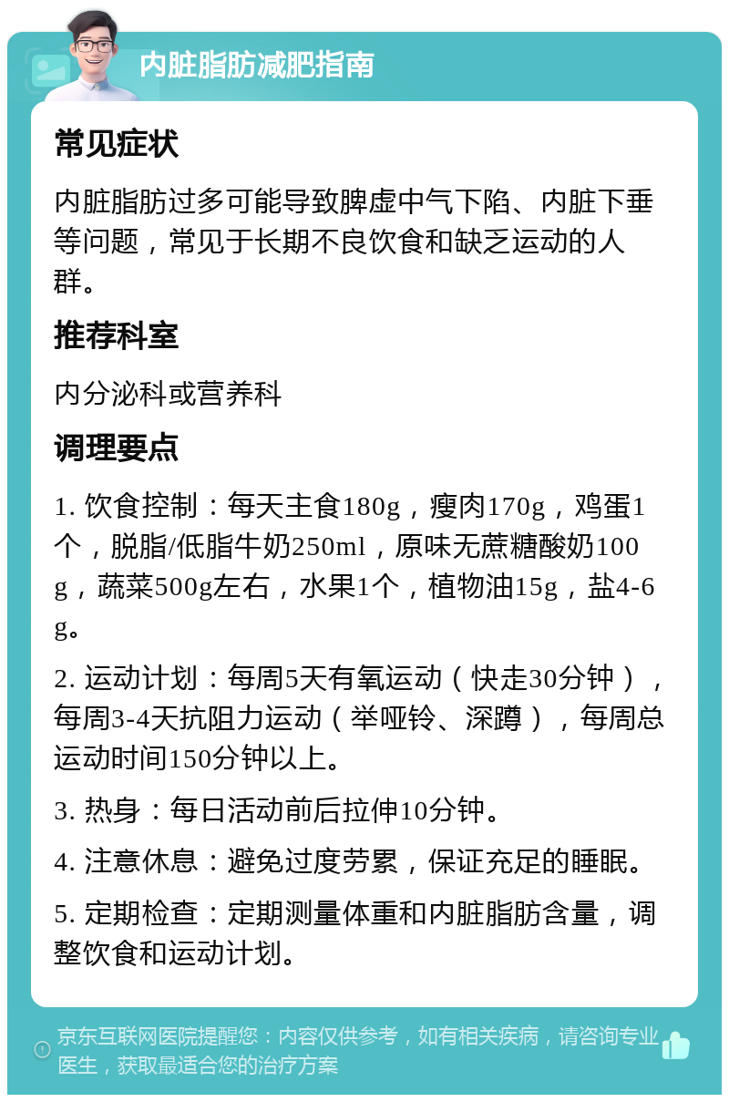 内脏脂肪减肥指南 常见症状 内脏脂肪过多可能导致脾虚中气下陷、内脏下垂等问题，常见于长期不良饮食和缺乏运动的人群。 推荐科室 内分泌科或营养科 调理要点 1. 饮食控制：每天主食180g，瘦肉170g，鸡蛋1个，脱脂/低脂牛奶250ml，原味无蔗糖酸奶100g，蔬菜500g左右，水果1个，植物油15g，盐4-6g。 2. 运动计划：每周5天有氧运动（快走30分钟），每周3-4天抗阻力运动（举哑铃、深蹲），每周总运动时间150分钟以上。 3. 热身：每日活动前后拉伸10分钟。 4. 注意休息：避免过度劳累，保证充足的睡眠。 5. 定期检查：定期测量体重和内脏脂肪含量，调整饮食和运动计划。