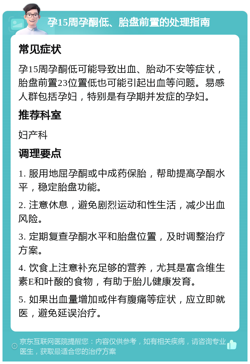 孕15周孕酮低、胎盘前置的处理指南 常见症状 孕15周孕酮低可能导致出血、胎动不安等症状，胎盘前置23位置低也可能引起出血等问题。易感人群包括孕妇，特别是有孕期并发症的孕妇。 推荐科室 妇产科 调理要点 1. 服用地屈孕酮或中成药保胎，帮助提高孕酮水平，稳定胎盘功能。 2. 注意休息，避免剧烈运动和性生活，减少出血风险。 3. 定期复查孕酮水平和胎盘位置，及时调整治疗方案。 4. 饮食上注意补充足够的营养，尤其是富含维生素E和叶酸的食物，有助于胎儿健康发育。 5. 如果出血量增加或伴有腹痛等症状，应立即就医，避免延误治疗。