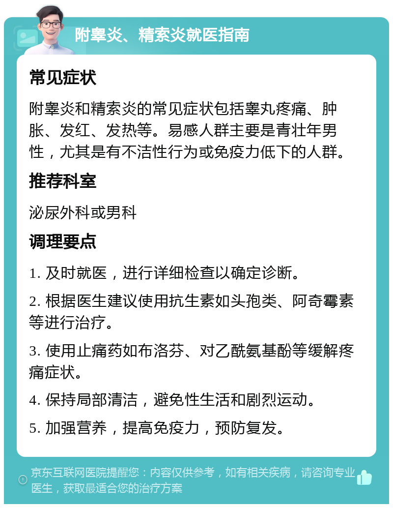 附睾炎、精索炎就医指南 常见症状 附睾炎和精索炎的常见症状包括睾丸疼痛、肿胀、发红、发热等。易感人群主要是青壮年男性，尤其是有不洁性行为或免疫力低下的人群。 推荐科室 泌尿外科或男科 调理要点 1. 及时就医，进行详细检查以确定诊断。 2. 根据医生建议使用抗生素如头孢类、阿奇霉素等进行治疗。 3. 使用止痛药如布洛芬、对乙酰氨基酚等缓解疼痛症状。 4. 保持局部清洁，避免性生活和剧烈运动。 5. 加强营养，提高免疫力，预防复发。