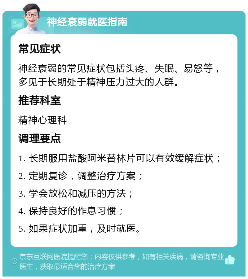 神经衰弱就医指南 常见症状 神经衰弱的常见症状包括头疼、失眠、易怒等，多见于长期处于精神压力过大的人群。 推荐科室 精神心理科 调理要点 1. 长期服用盐酸阿米替林片可以有效缓解症状； 2. 定期复诊，调整治疗方案； 3. 学会放松和减压的方法； 4. 保持良好的作息习惯； 5. 如果症状加重，及时就医。