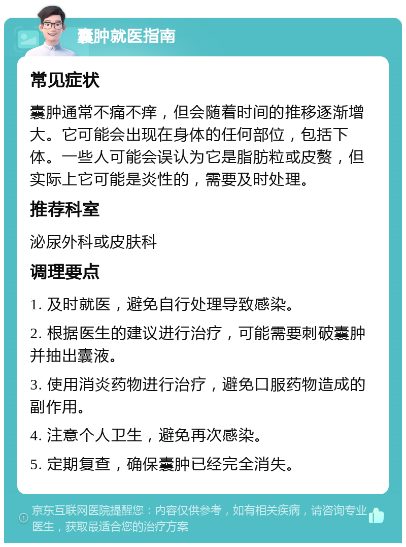 囊肿就医指南 常见症状 囊肿通常不痛不痒，但会随着时间的推移逐渐增大。它可能会出现在身体的任何部位，包括下体。一些人可能会误认为它是脂肪粒或皮赘，但实际上它可能是炎性的，需要及时处理。 推荐科室 泌尿外科或皮肤科 调理要点 1. 及时就医，避免自行处理导致感染。 2. 根据医生的建议进行治疗，可能需要刺破囊肿并抽出囊液。 3. 使用消炎药物进行治疗，避免口服药物造成的副作用。 4. 注意个人卫生，避免再次感染。 5. 定期复查，确保囊肿已经完全消失。