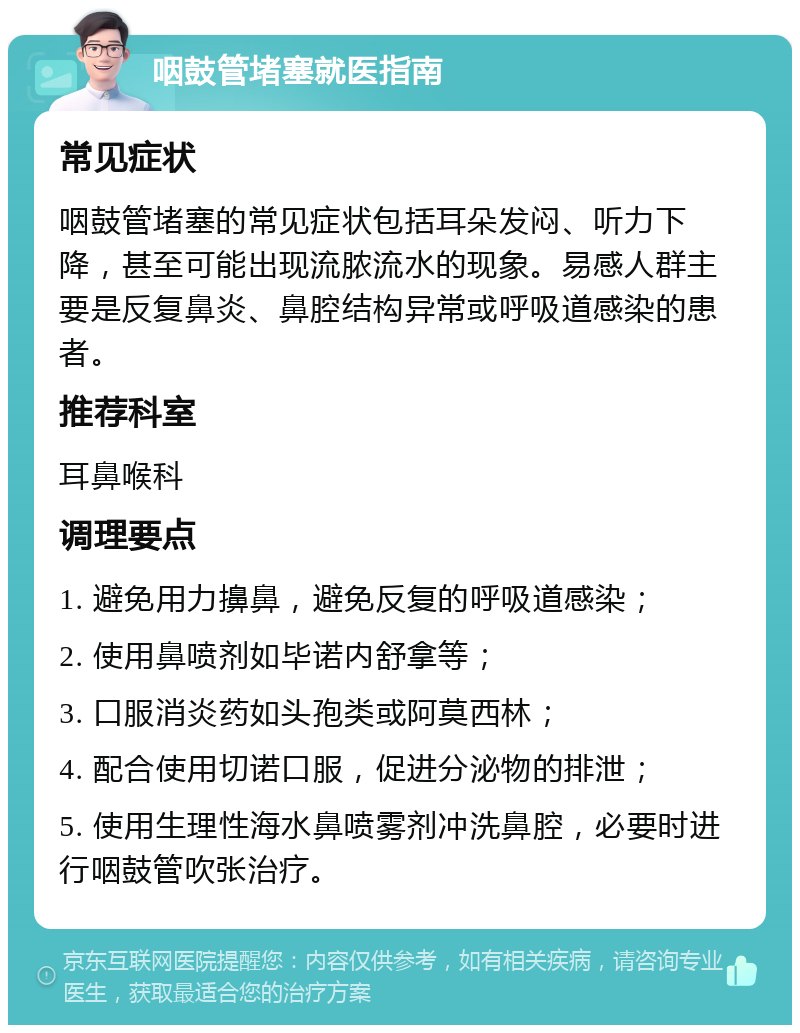 咽鼓管堵塞就医指南 常见症状 咽鼓管堵塞的常见症状包括耳朵发闷、听力下降，甚至可能出现流脓流水的现象。易感人群主要是反复鼻炎、鼻腔结构异常或呼吸道感染的患者。 推荐科室 耳鼻喉科 调理要点 1. 避免用力擤鼻，避免反复的呼吸道感染； 2. 使用鼻喷剂如毕诺内舒拿等； 3. 口服消炎药如头孢类或阿莫西林； 4. 配合使用切诺口服，促进分泌物的排泄； 5. 使用生理性海水鼻喷雾剂冲洗鼻腔，必要时进行咽鼓管吹张治疗。