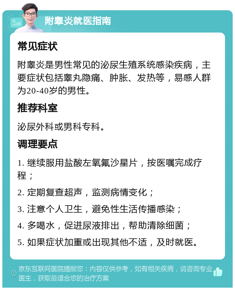 附睾炎就医指南 常见症状 附睾炎是男性常见的泌尿生殖系统感染疾病，主要症状包括睾丸隐痛、肿胀、发热等，易感人群为20-40岁的男性。 推荐科室 泌尿外科或男科专科。 调理要点 1. 继续服用盐酸左氧氟沙星片，按医嘱完成疗程； 2. 定期复查超声，监测病情变化； 3. 注意个人卫生，避免性生活传播感染； 4. 多喝水，促进尿液排出，帮助清除细菌； 5. 如果症状加重或出现其他不适，及时就医。