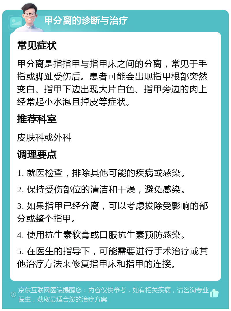 甲分离的诊断与治疗 常见症状 甲分离是指指甲与指甲床之间的分离，常见于手指或脚趾受伤后。患者可能会出现指甲根部突然变白、指甲下边出现大片白色、指甲旁边的肉上经常起小水泡且掉皮等症状。 推荐科室 皮肤科或外科 调理要点 1. 就医检查，排除其他可能的疾病或感染。 2. 保持受伤部位的清洁和干燥，避免感染。 3. 如果指甲已经分离，可以考虑拔除受影响的部分或整个指甲。 4. 使用抗生素软膏或口服抗生素预防感染。 5. 在医生的指导下，可能需要进行手术治疗或其他治疗方法来修复指甲床和指甲的连接。