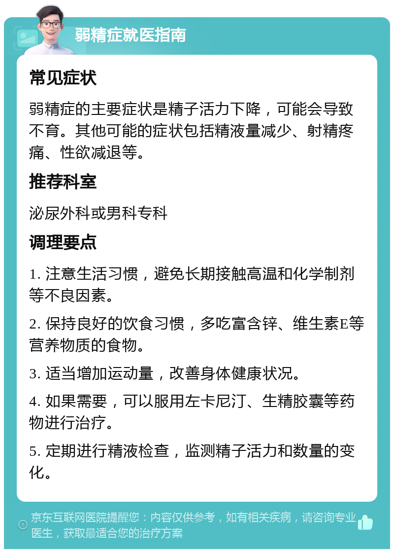 弱精症就医指南 常见症状 弱精症的主要症状是精子活力下降，可能会导致不育。其他可能的症状包括精液量减少、射精疼痛、性欲减退等。 推荐科室 泌尿外科或男科专科 调理要点 1. 注意生活习惯，避免长期接触高温和化学制剂等不良因素。 2. 保持良好的饮食习惯，多吃富含锌、维生素E等营养物质的食物。 3. 适当增加运动量，改善身体健康状况。 4. 如果需要，可以服用左卡尼汀、生精胶囊等药物进行治疗。 5. 定期进行精液检查，监测精子活力和数量的变化。