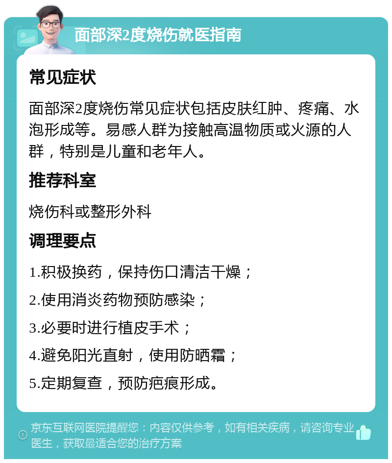 面部深2度烧伤就医指南 常见症状 面部深2度烧伤常见症状包括皮肤红肿、疼痛、水泡形成等。易感人群为接触高温物质或火源的人群，特别是儿童和老年人。 推荐科室 烧伤科或整形外科 调理要点 1.积极换药，保持伤口清洁干燥； 2.使用消炎药物预防感染； 3.必要时进行植皮手术； 4.避免阳光直射，使用防晒霜； 5.定期复查，预防疤痕形成。