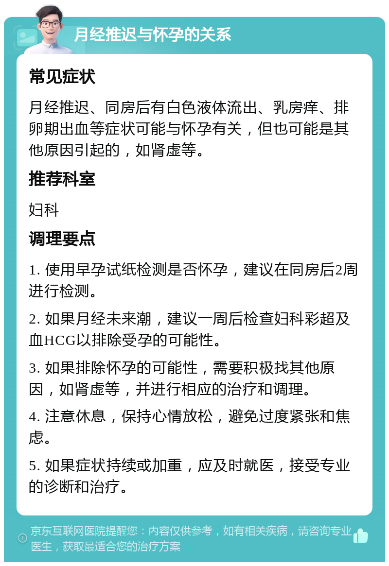 月经推迟与怀孕的关系 常见症状 月经推迟、同房后有白色液体流出、乳房痒、排卵期出血等症状可能与怀孕有关，但也可能是其他原因引起的，如肾虚等。 推荐科室 妇科 调理要点 1. 使用早孕试纸检测是否怀孕，建议在同房后2周进行检测。 2. 如果月经未来潮，建议一周后检查妇科彩超及血HCG以排除受孕的可能性。 3. 如果排除怀孕的可能性，需要积极找其他原因，如肾虚等，并进行相应的治疗和调理。 4. 注意休息，保持心情放松，避免过度紧张和焦虑。 5. 如果症状持续或加重，应及时就医，接受专业的诊断和治疗。