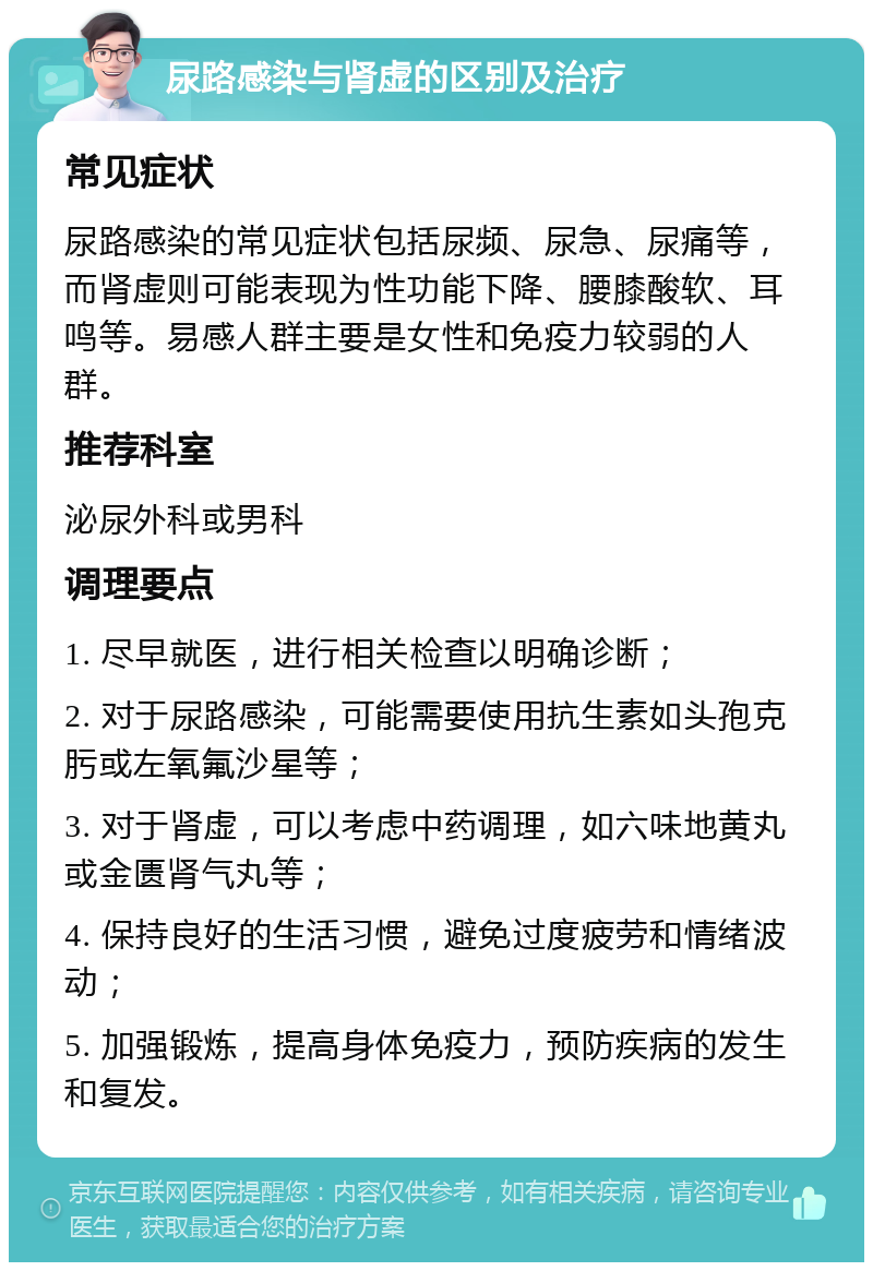 尿路感染与肾虚的区别及治疗 常见症状 尿路感染的常见症状包括尿频、尿急、尿痛等，而肾虚则可能表现为性功能下降、腰膝酸软、耳鸣等。易感人群主要是女性和免疫力较弱的人群。 推荐科室 泌尿外科或男科 调理要点 1. 尽早就医，进行相关检查以明确诊断； 2. 对于尿路感染，可能需要使用抗生素如头孢克肟或左氧氟沙星等； 3. 对于肾虚，可以考虑中药调理，如六味地黄丸或金匮肾气丸等； 4. 保持良好的生活习惯，避免过度疲劳和情绪波动； 5. 加强锻炼，提高身体免疫力，预防疾病的发生和复发。