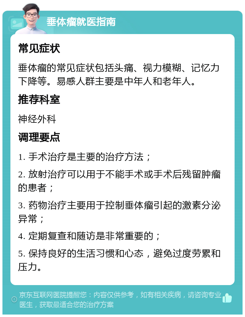 垂体瘤就医指南 常见症状 垂体瘤的常见症状包括头痛、视力模糊、记忆力下降等。易感人群主要是中年人和老年人。 推荐科室 神经外科 调理要点 1. 手术治疗是主要的治疗方法； 2. 放射治疗可以用于不能手术或手术后残留肿瘤的患者； 3. 药物治疗主要用于控制垂体瘤引起的激素分泌异常； 4. 定期复查和随访是非常重要的； 5. 保持良好的生活习惯和心态，避免过度劳累和压力。