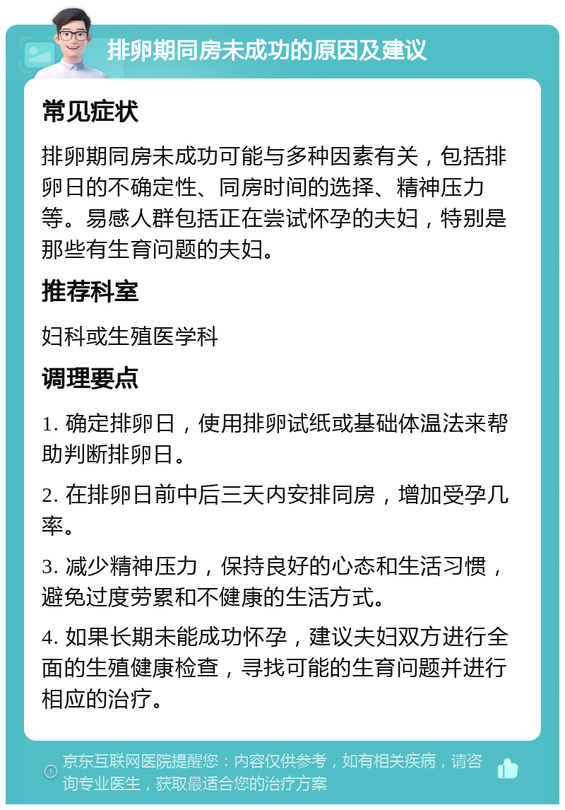 排卵期同房未成功的原因及建议 常见症状 排卵期同房未成功可能与多种因素有关，包括排卵日的不确定性、同房时间的选择、精神压力等。易感人群包括正在尝试怀孕的夫妇，特别是那些有生育问题的夫妇。 推荐科室 妇科或生殖医学科 调理要点 1. 确定排卵日，使用排卵试纸或基础体温法来帮助判断排卵日。 2. 在排卵日前中后三天内安排同房，增加受孕几率。 3. 减少精神压力，保持良好的心态和生活习惯，避免过度劳累和不健康的生活方式。 4. 如果长期未能成功怀孕，建议夫妇双方进行全面的生殖健康检查，寻找可能的生育问题并进行相应的治疗。